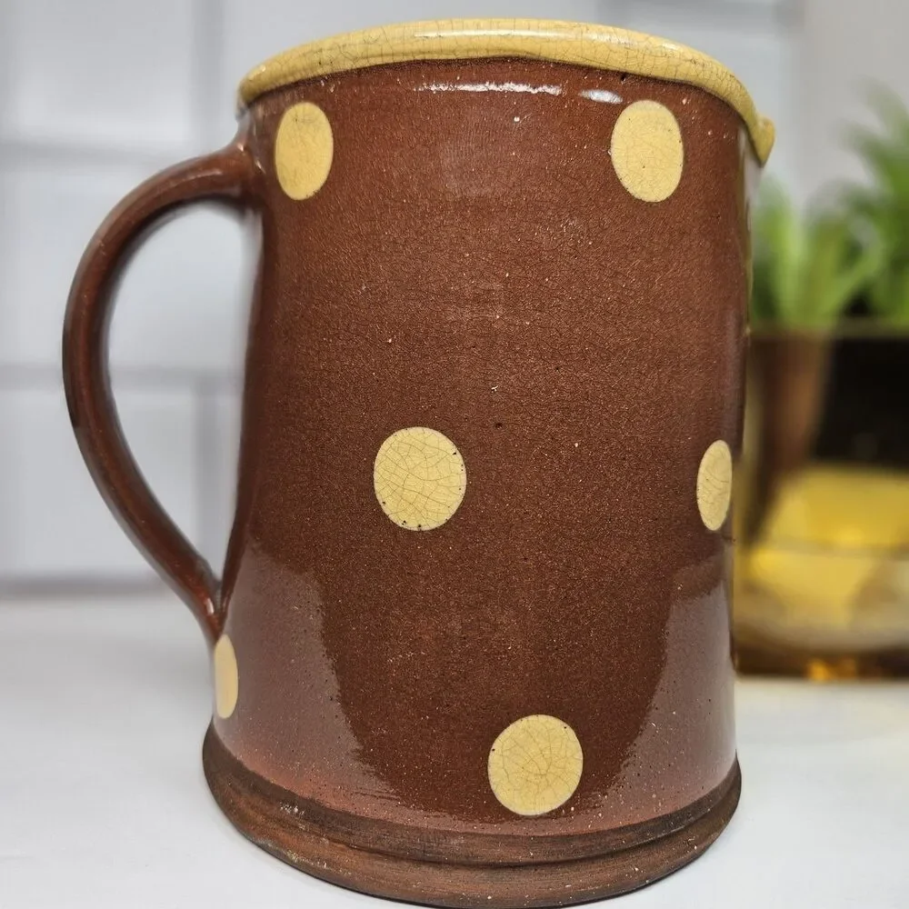 Antique Wisconsin ERIC ANDERSON RED Slip Ware Art Pottery Picher Jug Yellow Dot
